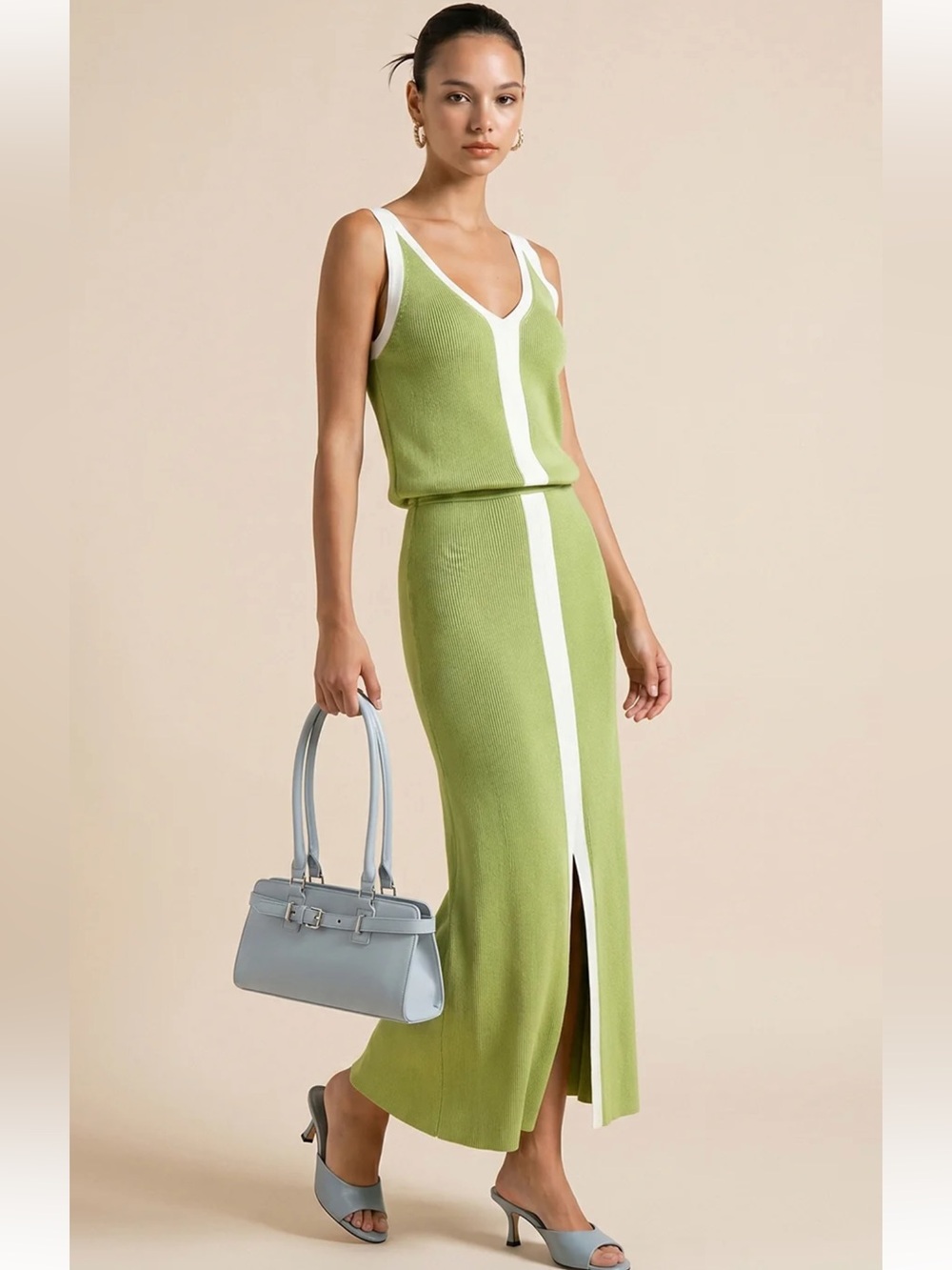 #215 Contrast Trim Slit-Front Ribbed Knit Maxi Dress